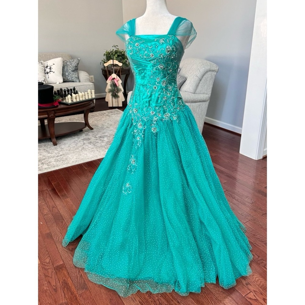 Vintage Luxury Alyce Designs Teal Green Glitter Puffy Tulle Princess Gown Dress - Picture 3 of 12